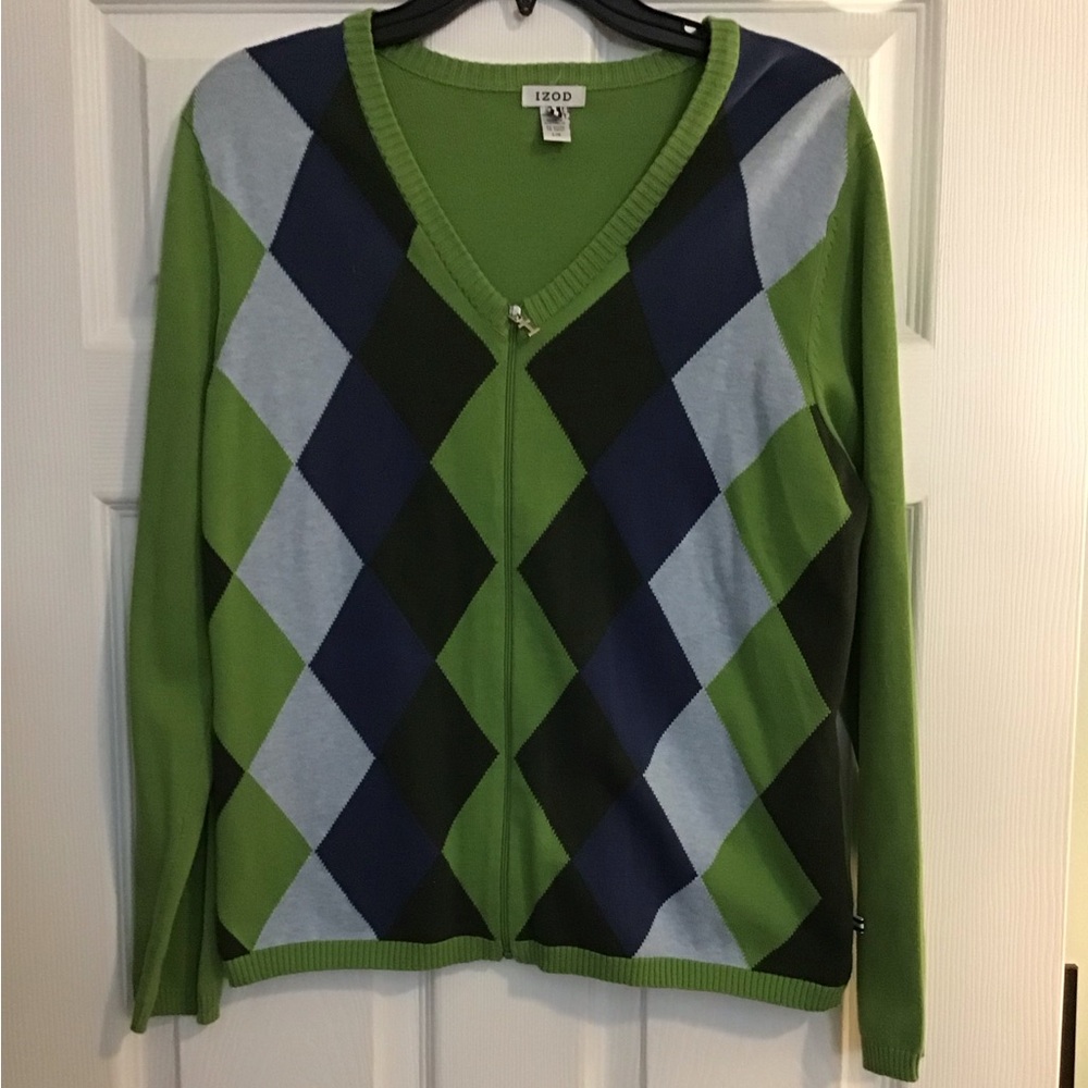 Izod Sweater Zip Up Women L Green V Neck